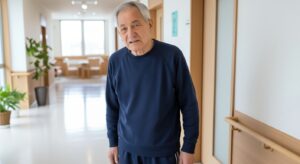 介護施設の廊下で落ち着かない様子を見せる男性高齢者の姿。表情が険しく前かがみで立っており、認知症による不穏症状や徘徊リスク、転倒予防と見守り対応の重要性を示すイメージ。