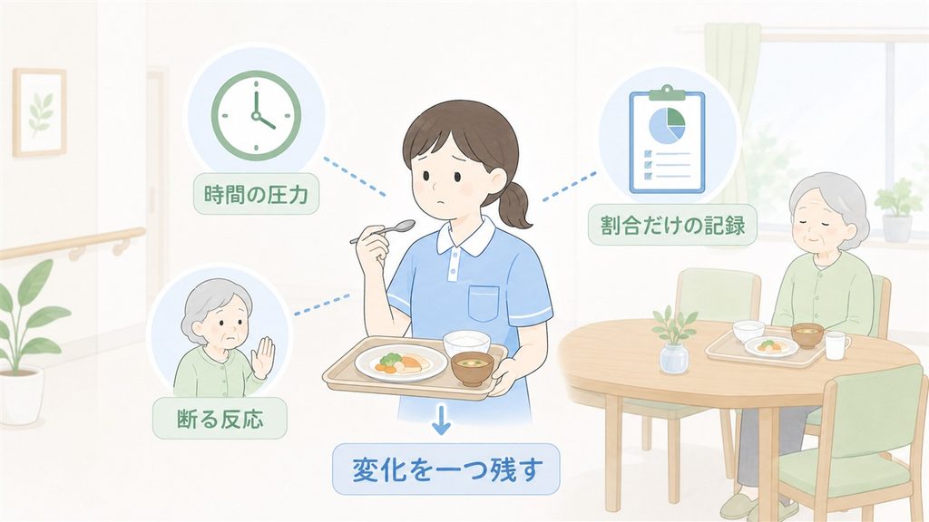 時間の圧力や断る反応、摂取割合だけの記録に迷う介護士を描いた図解です。