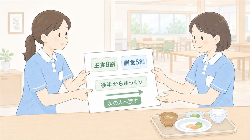 摂取割合に食事後半の変化を一行添え、次の介護士へ渡す様子を描いたイラストです。
