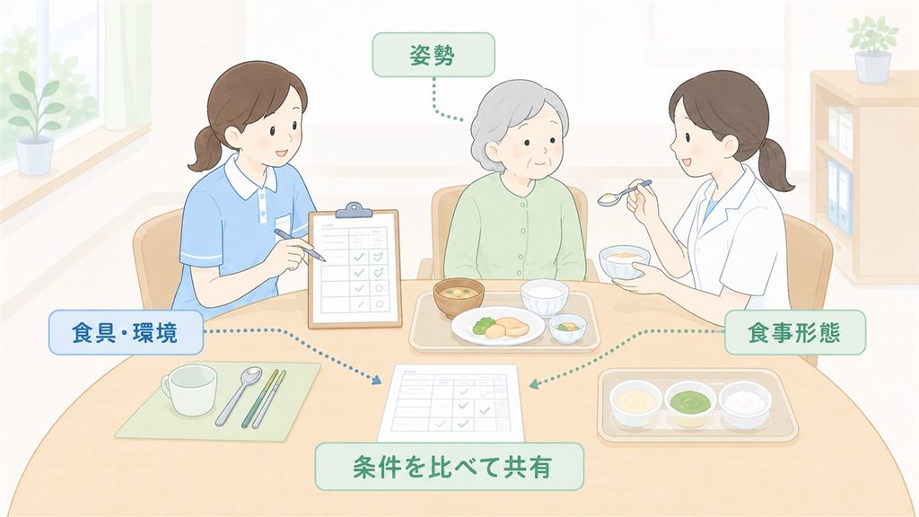 姿勢や食具、環境、食事形態など複数条件を介護士と専門職が確認する様子を描いた図解です。