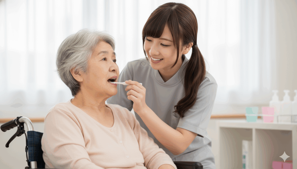 口腔ケアをしている女性の介護職員の画像
