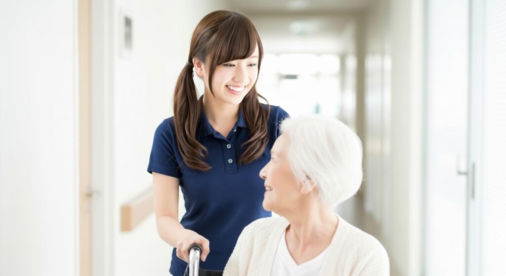 車いすを押している女性の介護職員の画像