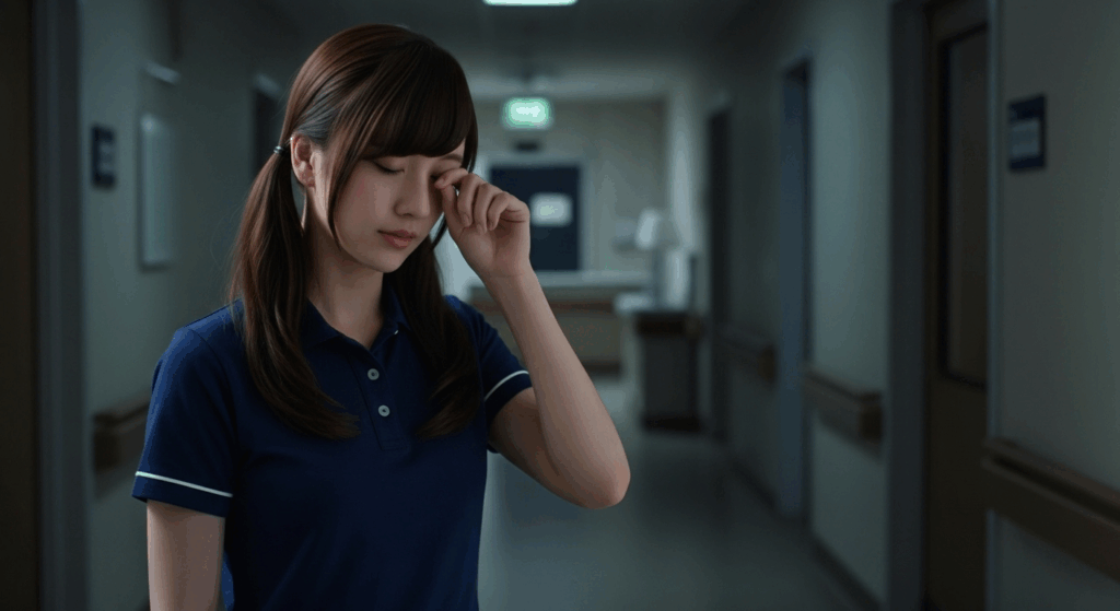 目をこすっている女性介護職員