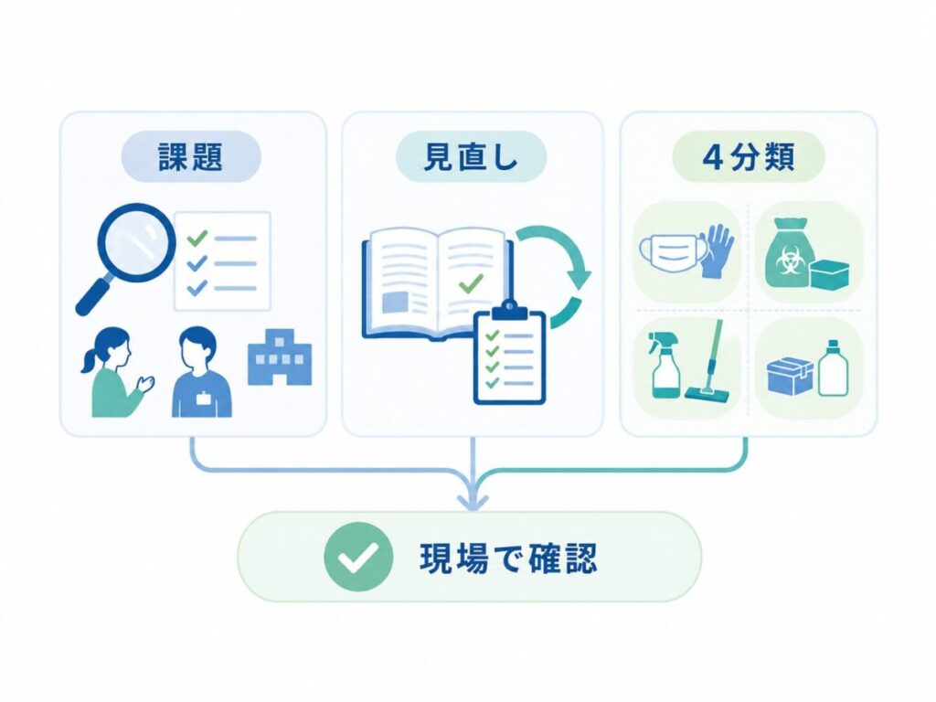 感染対策委員会で、現場課題の発見、手順の見直し、PPE・処理・清掃・備品の確認を整理する図。