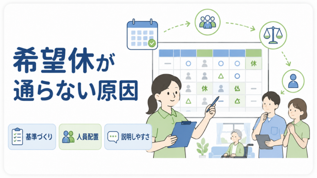 介護施設で希望休が重なった際に、基準や人員配置を確認しながらシフトを調整する様子。