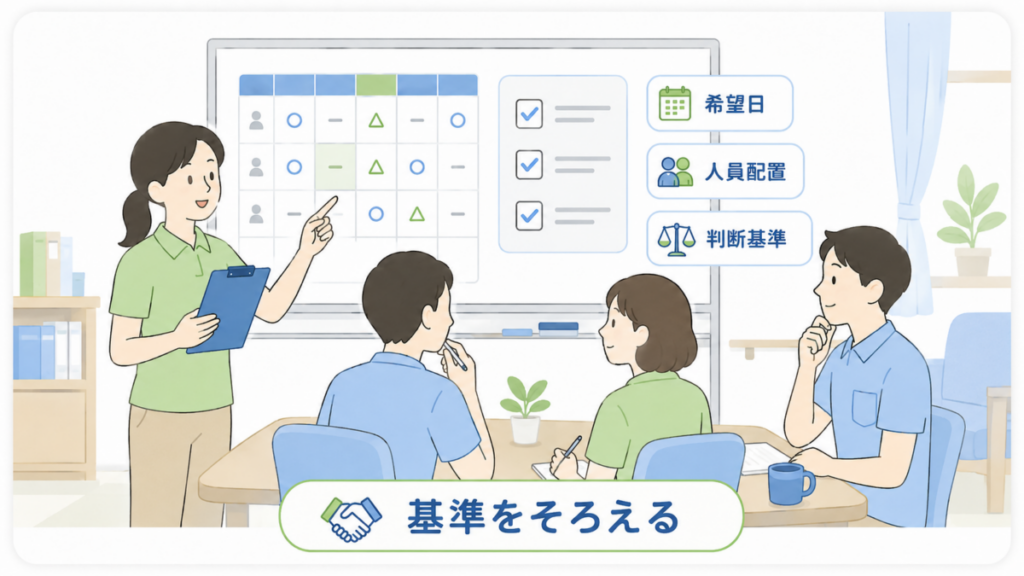 希望休の調整について、職員がシフト表と確認項目を見ながら基準をそろえて話し合う様子。