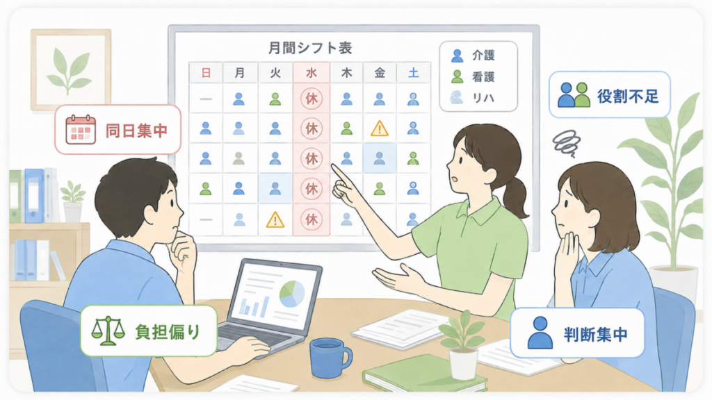 希望休が同じ日に集中し、人員や役割の不足、勤務負担の偏りについて職員が確認している様子。