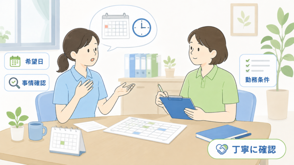 希望休や勤務条件について、職員の事情を聞きながらシフト表を確認して丁寧に調整している様子。
