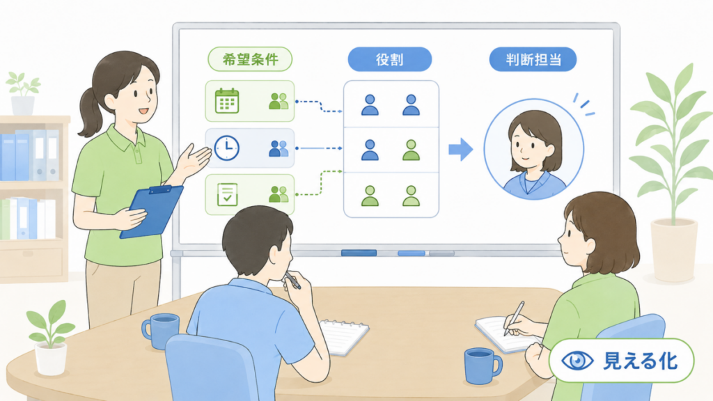 複数の希望条件や役割を整理し、誰が判断するのかを職員間で見える形にしている様子。