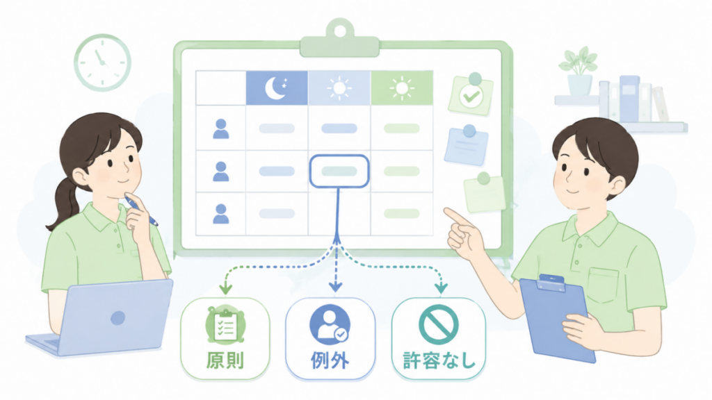 勤務表を見ながら、夜勤明け翌日勤務を「原則・例外・許容なし」に整理して確認する様子を示した図。