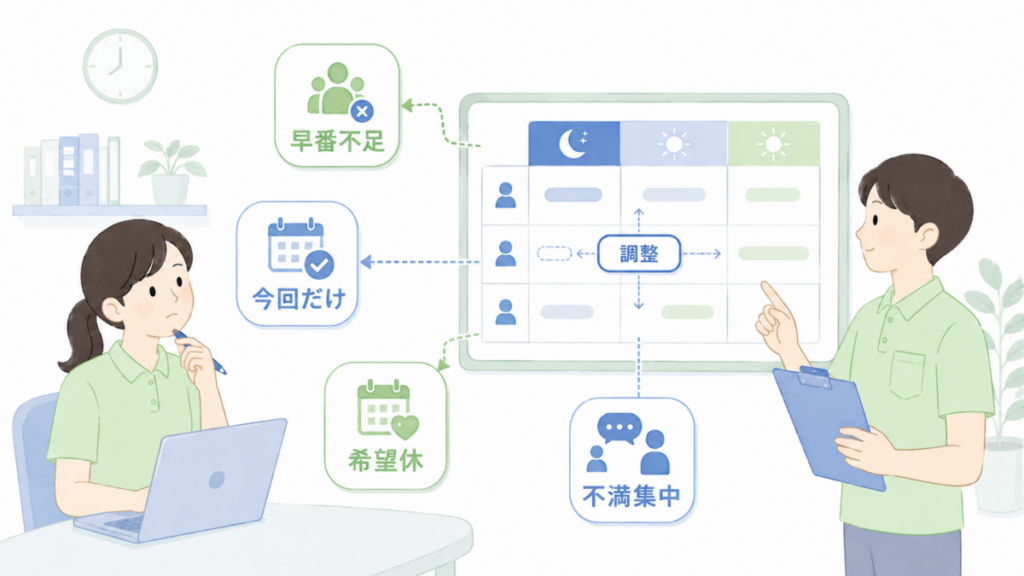 早番不足や希望休など複数の条件が重なり、介護シフトの調整が必要になる場面を整理した図解。