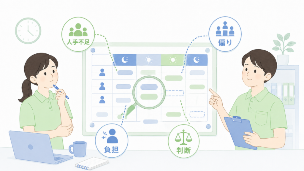 人手不足や勤務の偏り、職員負担、判断の難しさを勤務表上で確認する介護シフトの分析イメージ。