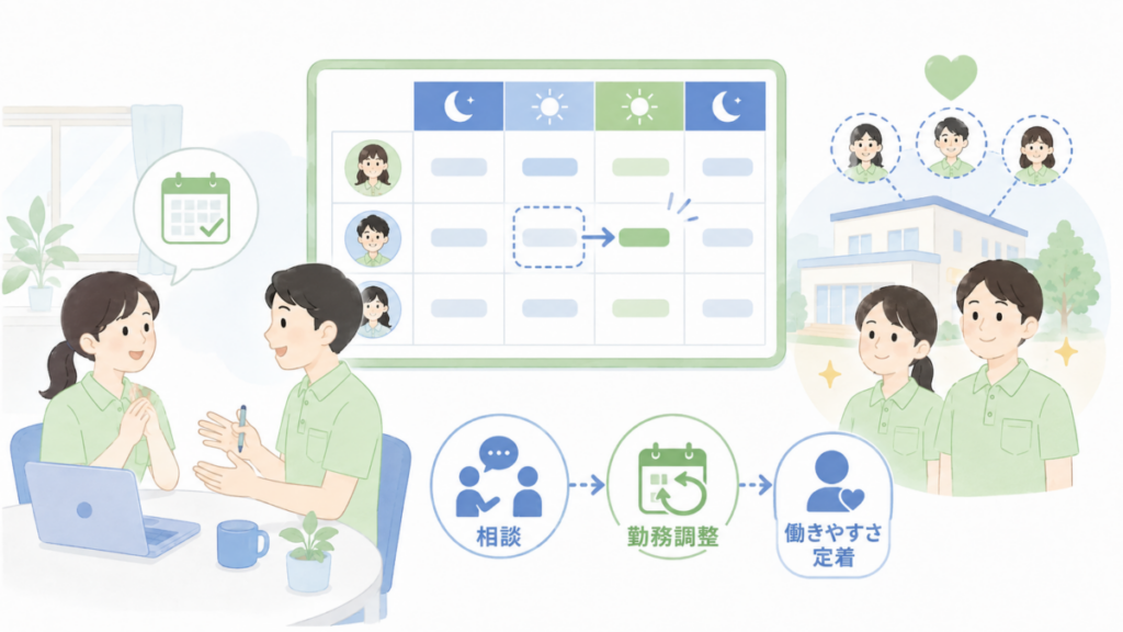 勤務日時の相談と調整をしやすくすることで、職員の働きやすさや定着につなげる流れを示した図解。