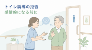 トイレ誘導を拒否する高齢者に、介護士が落ち着いて声をかけている様子