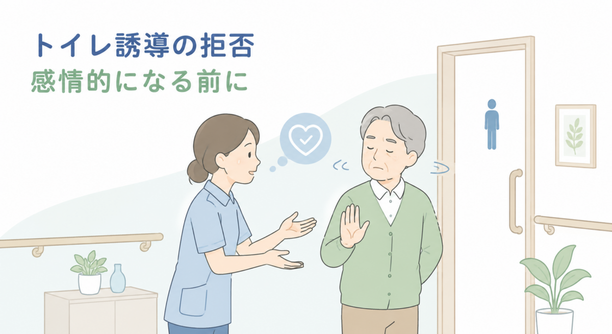 トイレ誘導を拒否する高齢者に、介護士が落ち着いて声をかけている様子