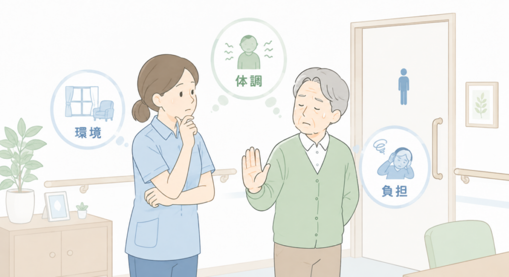 トイレ誘導を拒否する高齢者の前で、介護士が環境・体調・負担の要因を考えている様子