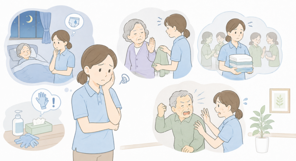 夜勤や交換拒否、業務負担、安全面、強い拒否など、トイレ誘導で介護士が困りやすい場面を示したイラスト