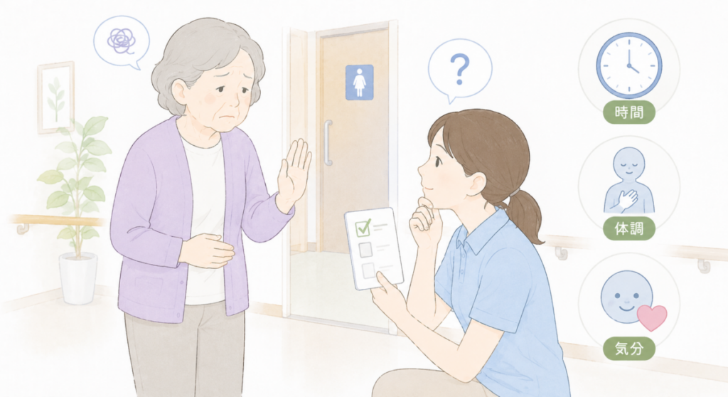 トイレを拒む高齢者に対して、介護士が時間・体調・気分を確認しながら落ち着いて対応している様子