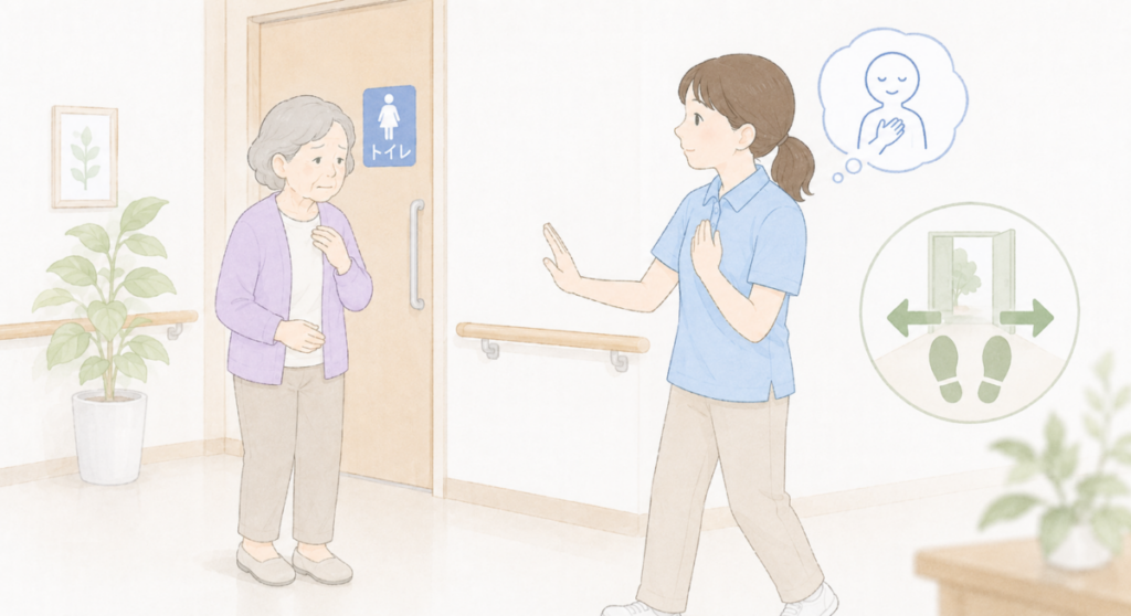 トイレ前で高齢者に距離を取りながら、介護士が自分を落ち着かせて行動の自由を尊重しようとしている様子