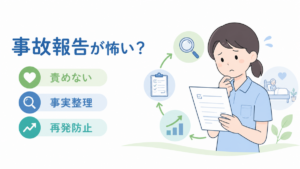 事故報告書を手にした介護士が、責めるのではなく事実整理と再発防止につなげる流れを確認しているイラスト。