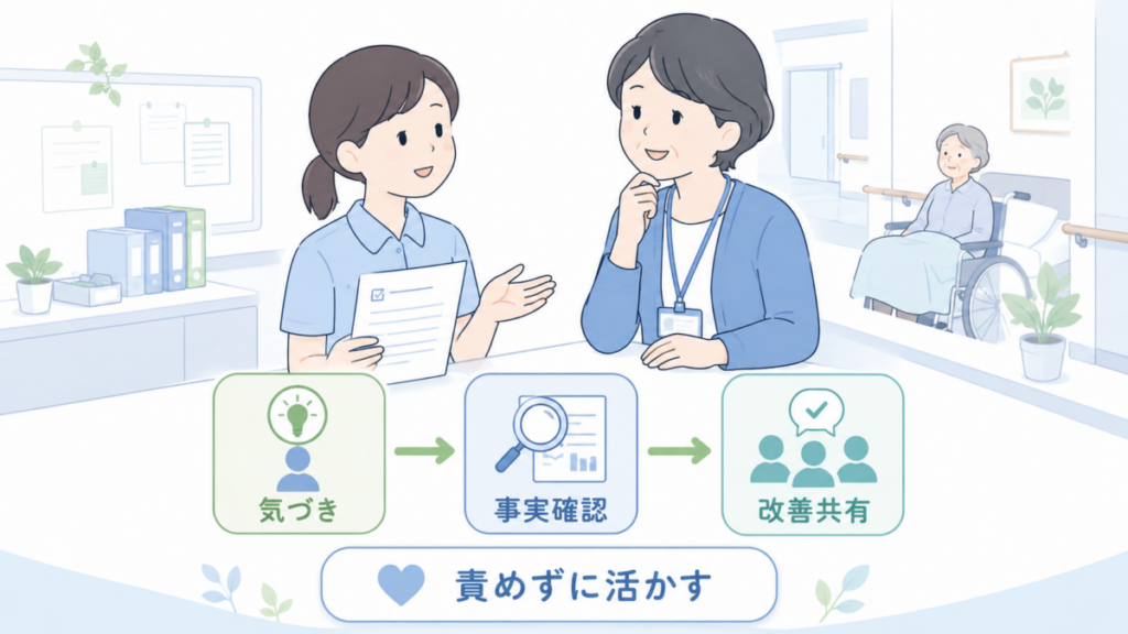 介護士が報告書をもとに上司と落ち着いて話し合い、気づきから事実確認、改善共有へつなげる流れを表したイラストです。