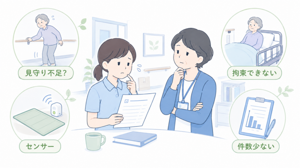 介護士が報告書を確認しながら、見守り不足、センサー、身体拘束、報告件数など複数の状況を上司と整理しているイラストです。