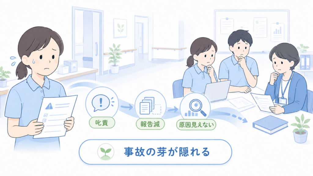 介護士への叱責が報告減少につながり、事故の原因や小さな兆候が見えにくくなる流れを表したイラストです。