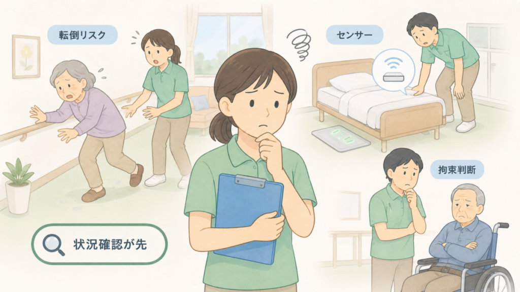 転倒リスクやセンサー、身体拘束の判断を介護士個人の責任だけにせず、状況を確認して考える介護現場を示したイラスト。