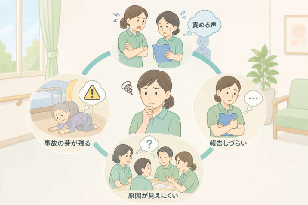 ヒヤリハットを責めることで報告しづらくなり、原因分析が進まず事故の芽が残る悪循環を示した介護現場のイラスト。