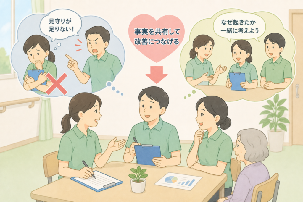 事故報告を職員個人の責任追及にせず、事実を共有して原因と改善策を話し合う介護現場を示したイラスト。