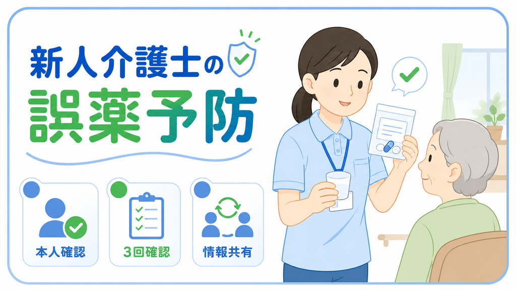 新人介護士が高齢者の薬を確認し、本人確認・3回確認・情報共有の基本を示すイラスト