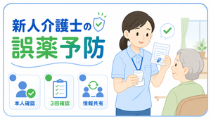 新人介護士が高齢者の薬を確認し、本人確認・3回確認・情報共有の基本を示すイラスト