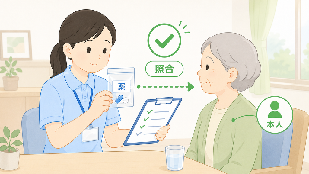 介護士が薬袋と利用者本人を照合し、服薬介助前の本人確認を行っている様子を示すイラスト。