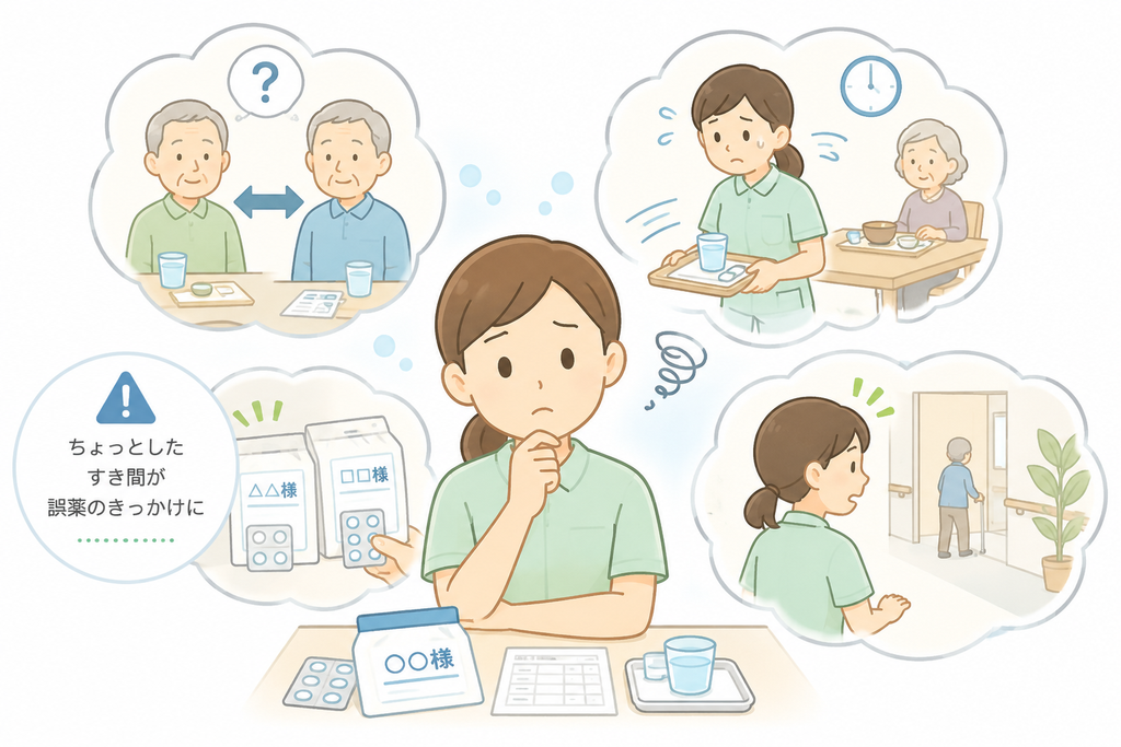 新人介護士が配薬時の取り違えや忙しさ、離席など誤薬につながりやすい場面を振り返っているイラスト。