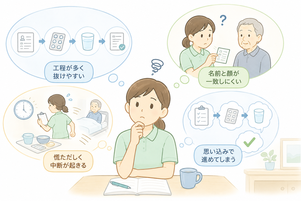 新人介護士が、服薬介助の複数工程や本人確認の難しさ、作業中断による見落としの原因を整理しているイラスト。