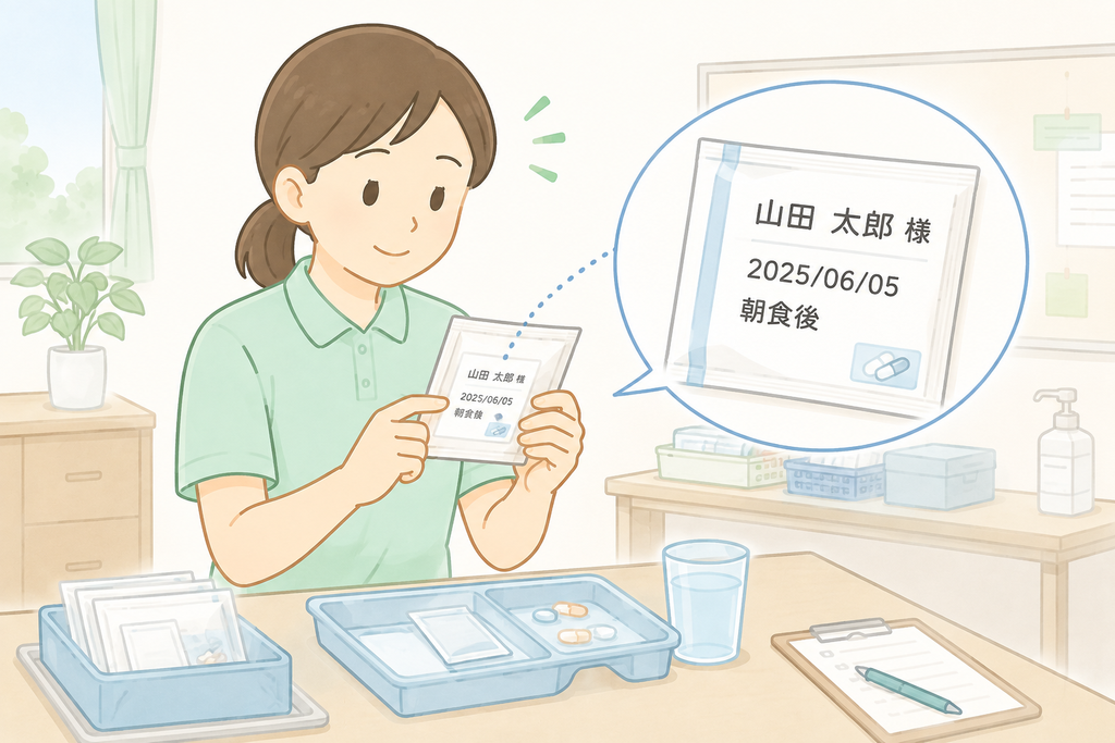 介護士が薬の包装に印字された利用者名と日付、服用時間を確認してから配薬している様子を示すイラスト。