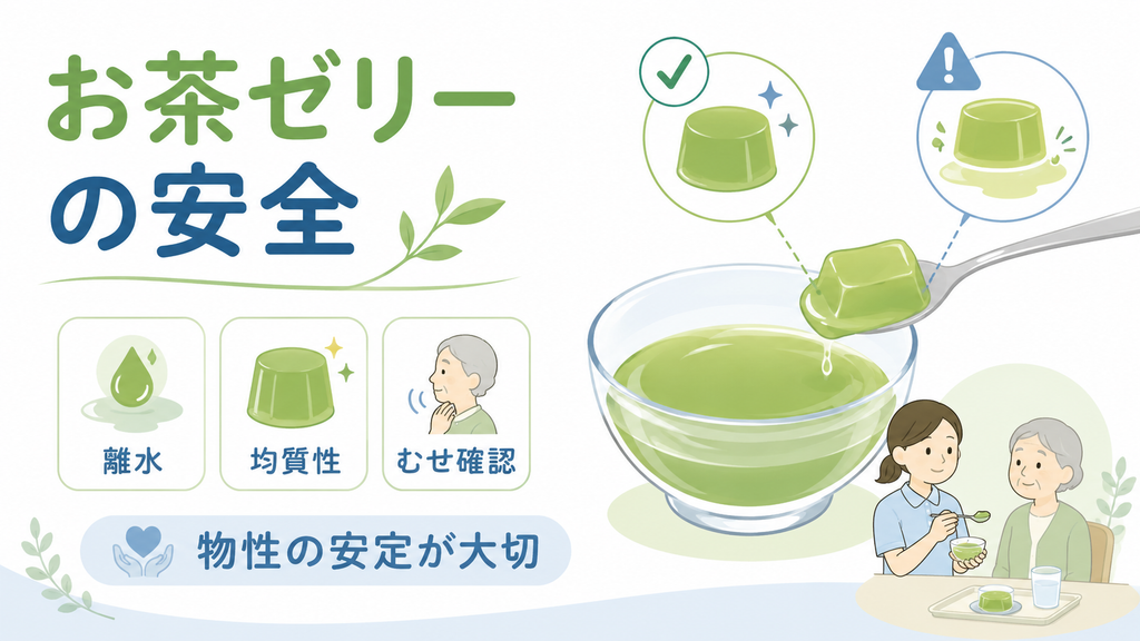 お茶ゼリーの離水や均質性、むせの確認ポイントを介護職員と高齢者のイラストで示した図解