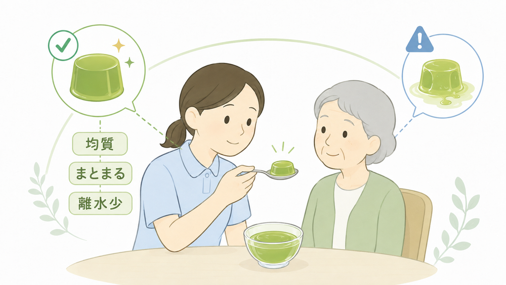 介護士が提供前のお茶ゼリーの均質性やまとまり、離水の少なさを確認しているイラスト