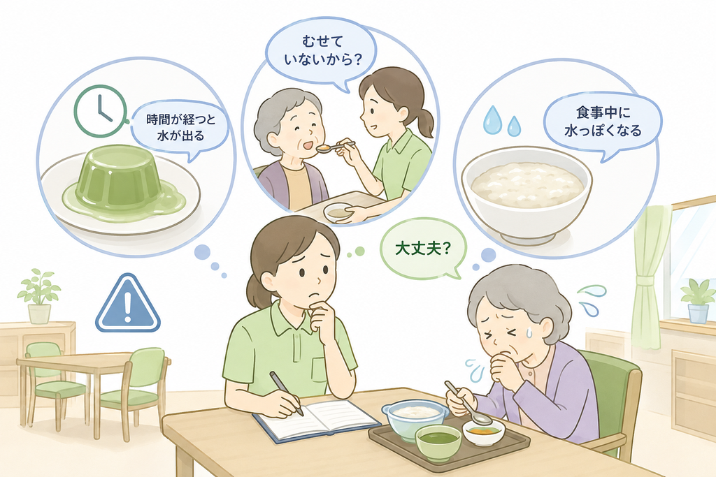 時間経過によるゼリーの離水や、食事中のむせ、全粥が水っぽくなる場面を介護職が確認しているイラスト