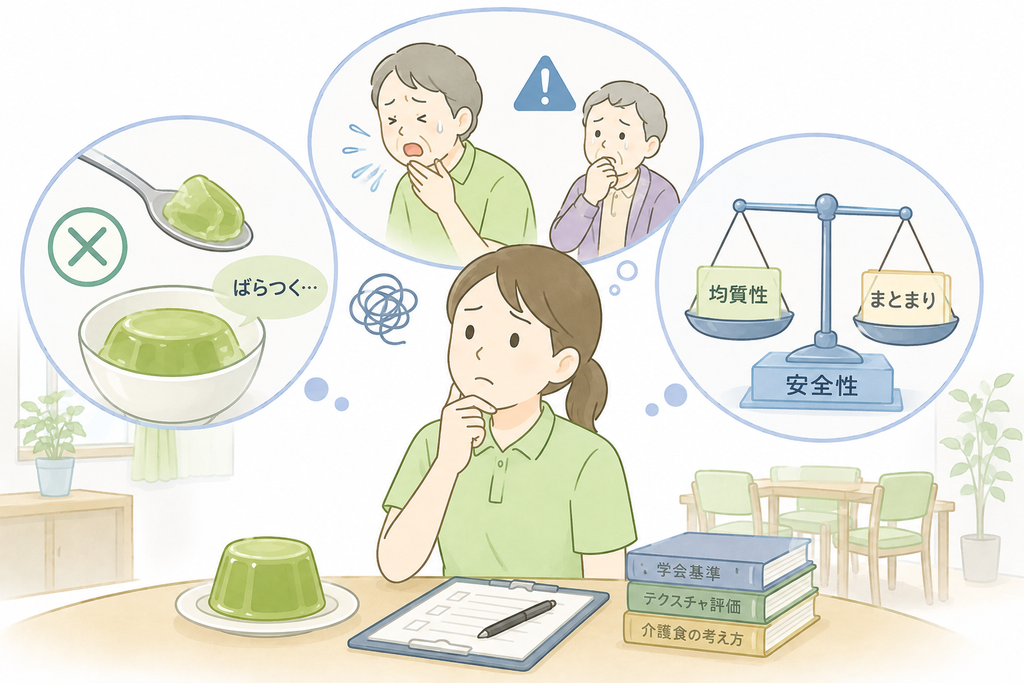 手作りお茶ゼリーのばらつきや、均質性・まとまり・安全性を介護職が確認している図解イラスト