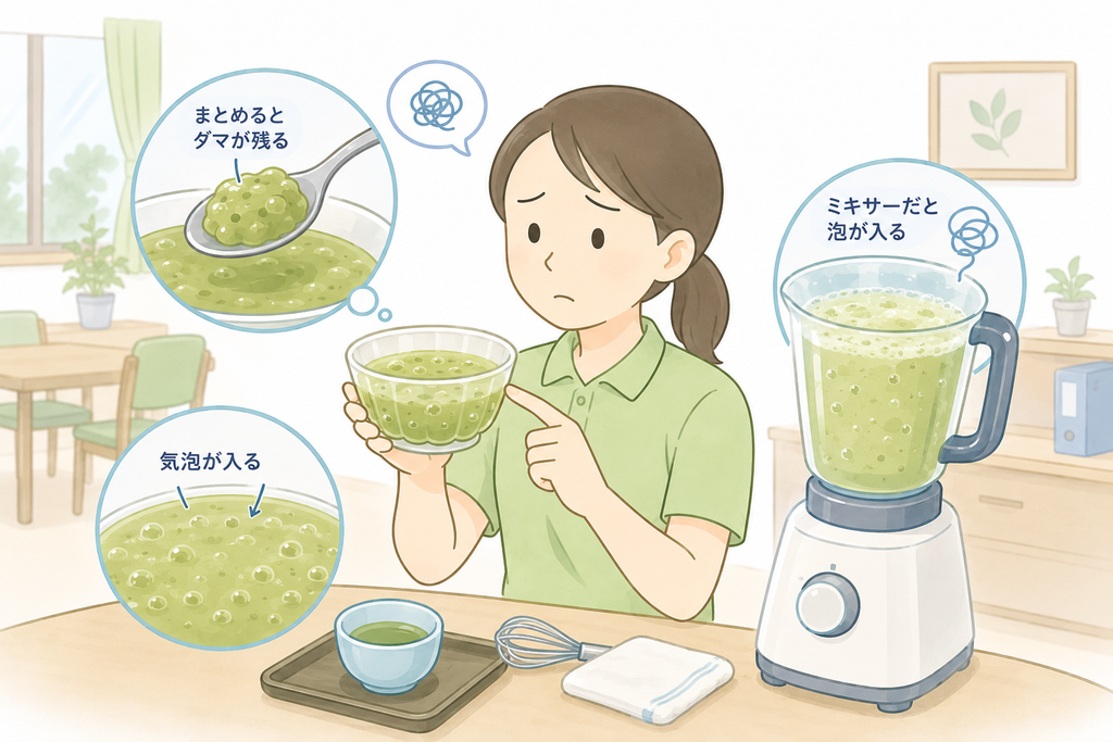 介護士が、お茶ゼリーに残ったダマやミキサーで入った泡・気泡を確認している図解イラスト