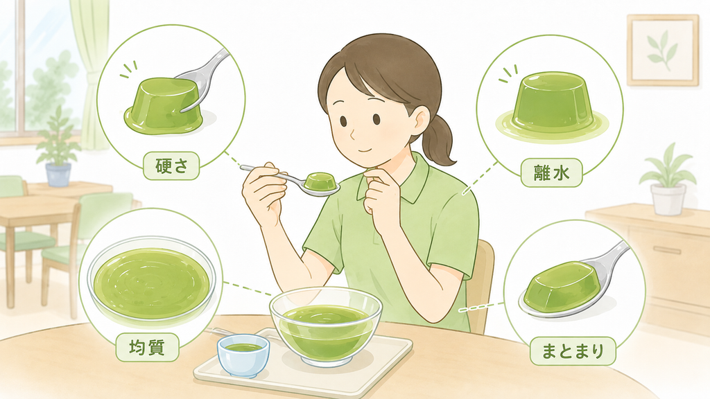 介護士が、お茶ゼリーの硬さだけでなく離水・均質性・まとまりを確認している図解イラスト