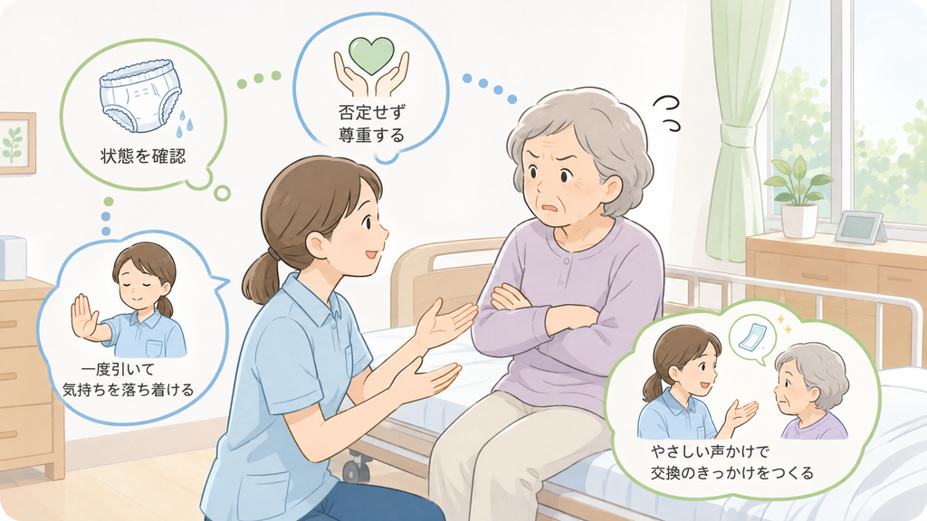 排泄介助を拒否する高齢者に対し、介護士が否定せず一度引きながら穏やかに交換のきっかけをつくる様子