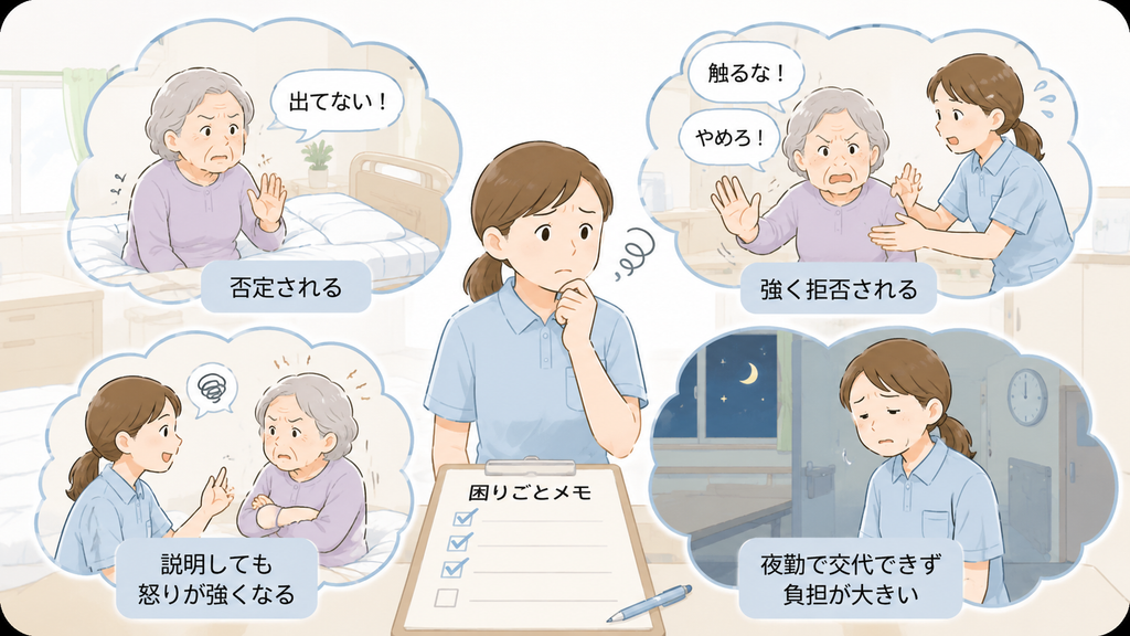 認知症の高齢者が「出てない」「触るな」と排泄介助を拒否し、説明しても怒りが強くなったり夜勤職員が対応に困ったりする場面を示したイラスト