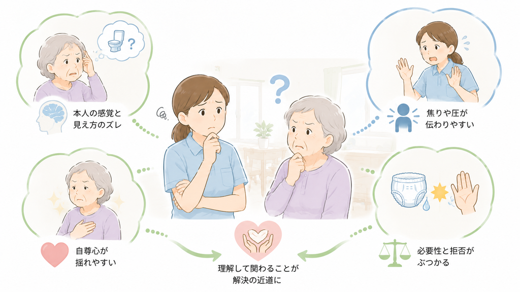 認知症の高齢者が失禁を否定して怒る背景として、本人の感覚とのずれ、自尊心、介護士の焦り、交換の必要性と拒否の衝突を示したイラスト