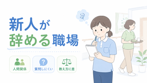 介護施設で働く新人職員が不安そうにメモを取り、人間関係や質問のしにくさ、教え方の違いに悩む様子を表したイラスト