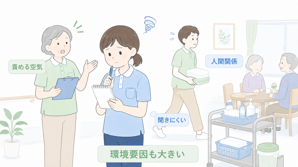 新人介護士が質問しにくさや人間関係に悩み、個人だけでなく職場環境にも離職要因があることを表したイラスト
