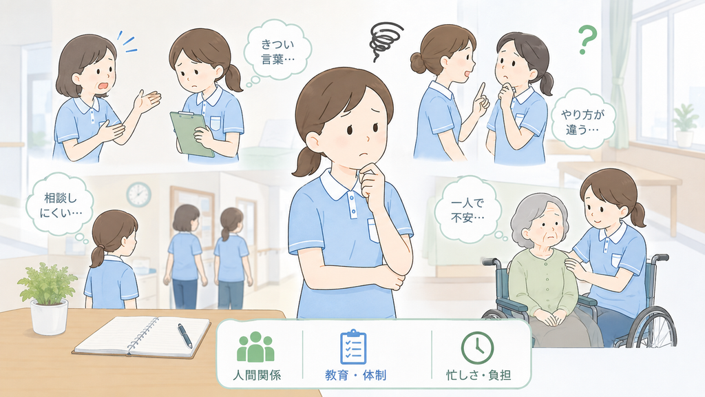 新人介護士が、きつい言葉や教え方の違い、相談のしにくさ、一人対応への不安に戸惑う介護現場を表したイラスト