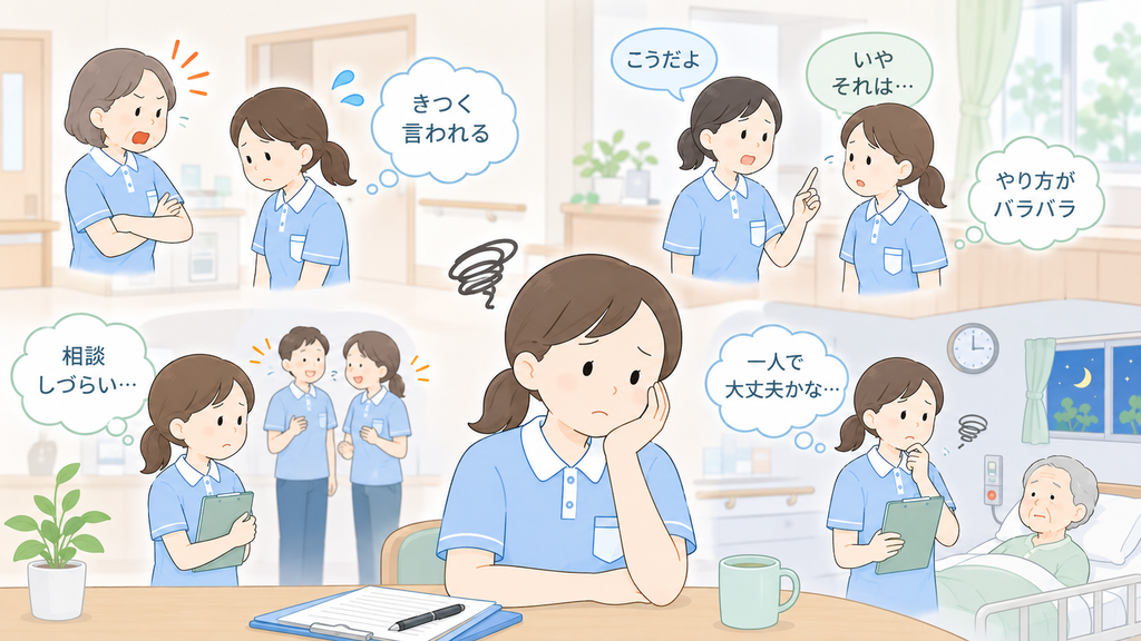 新人介護士が、きつい指導や教え方の違い、相談のしづらさ、一人対応への不安に悩む様子を表したイラスト
