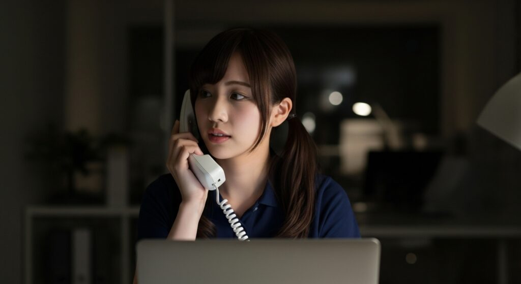 介護現場の夜勤中に緊急連絡を受け、パソコンで情報を確認しながら電話で受け答えする職員